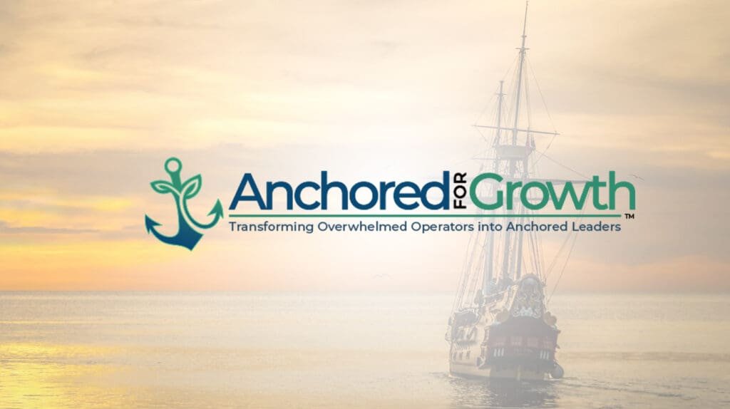 Anchored For Growth Logo overlaying a ship a sea at sunset