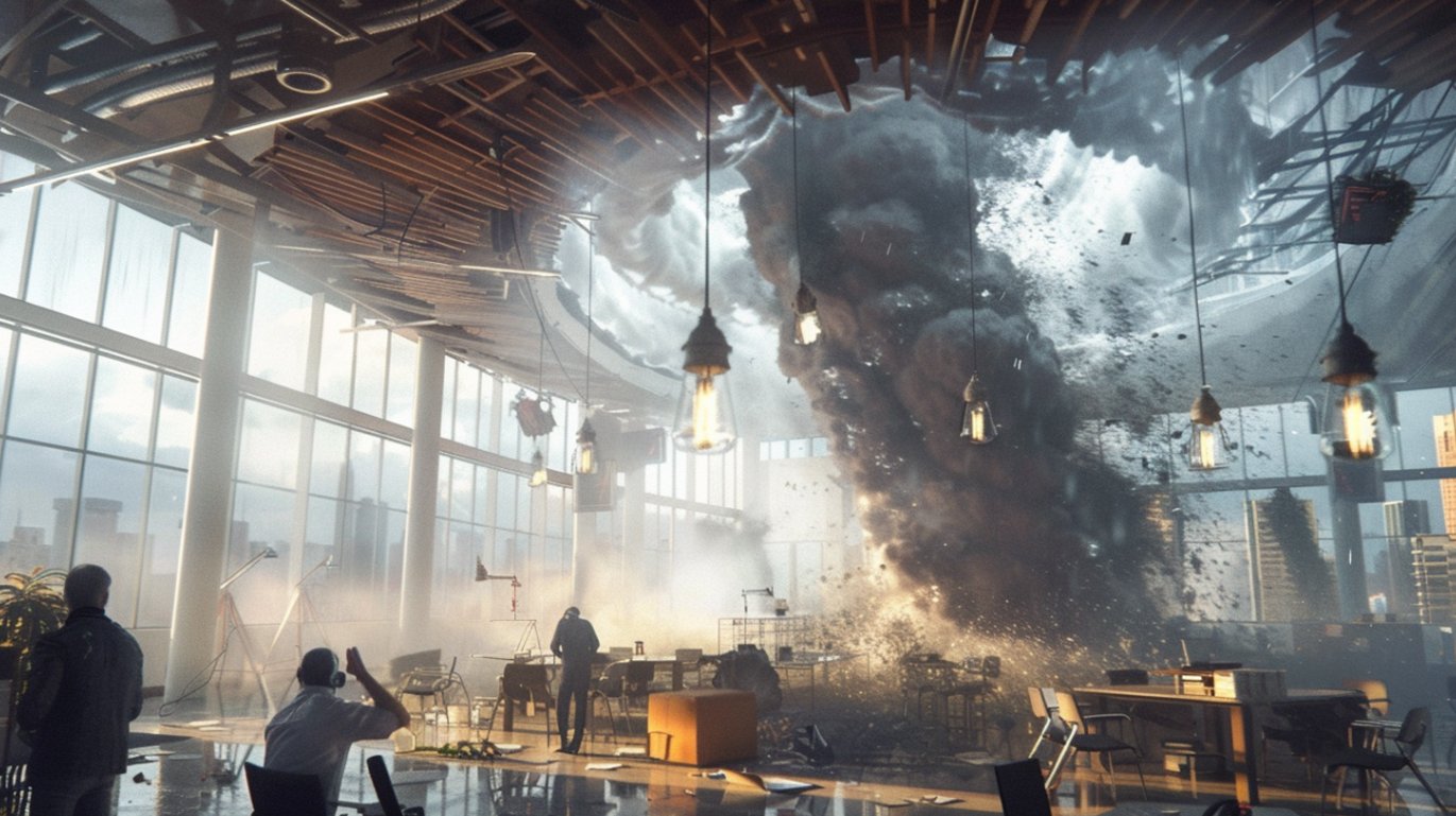 A tornado ripping through an office workspace