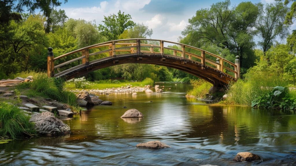 a bridge from a rocky terrain to a green grassy hill