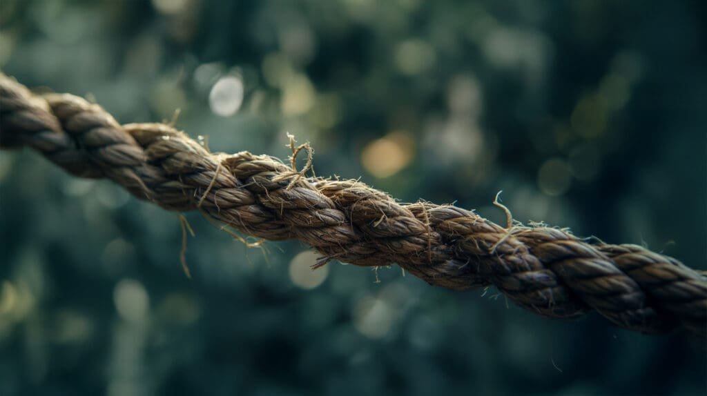 A rope, under tension, and beginning to unravel