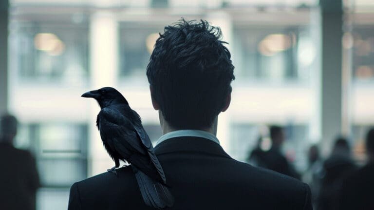 A black crow sitting on a business person's shoulder - signifying imposter syndrome