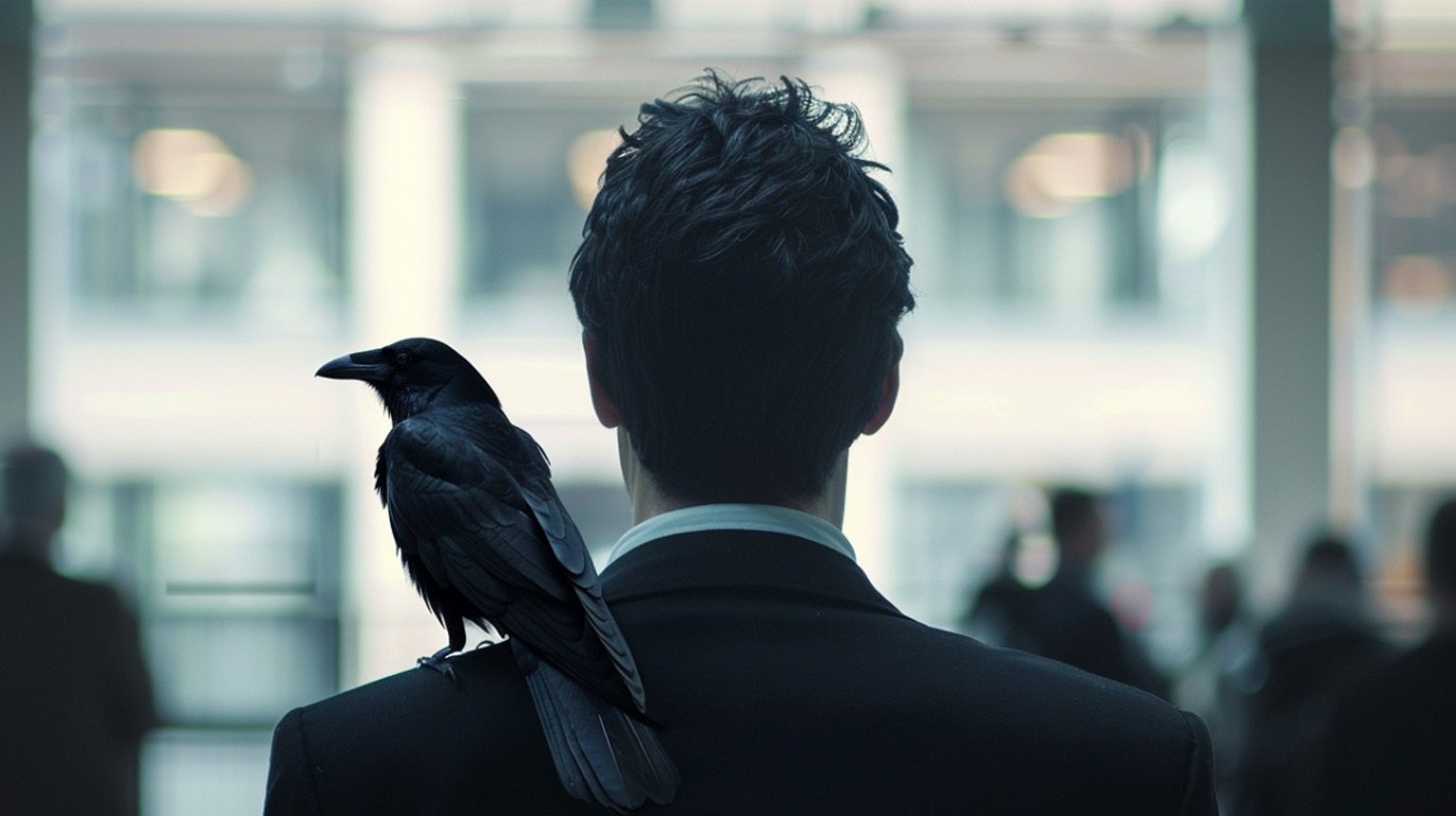 A black crow sitting on a business person's shoulder - signifying imposter syndrome