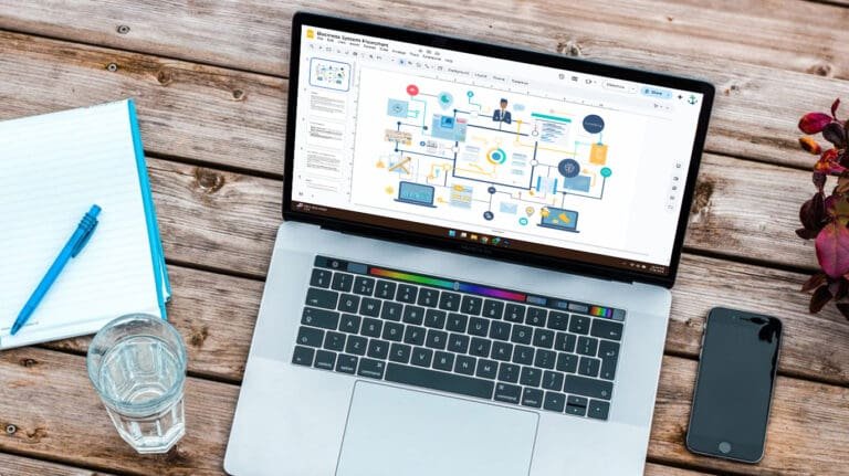 Small Business System flowchart on a laptop