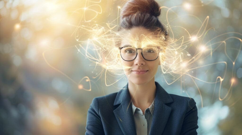 Business woman with energy coming from her brain - signifying the power of ADHD
