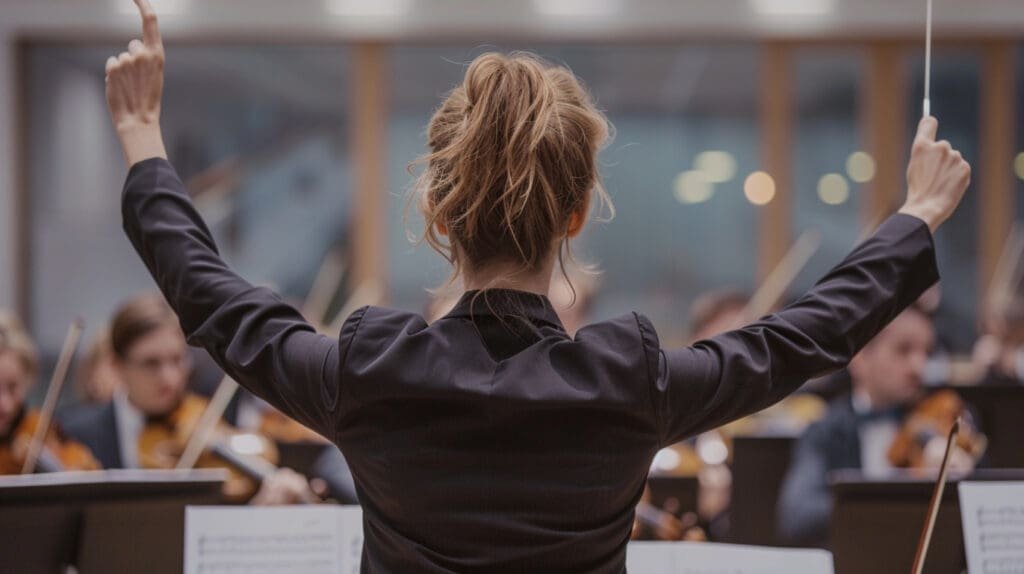 a woman conducting an orchestra
