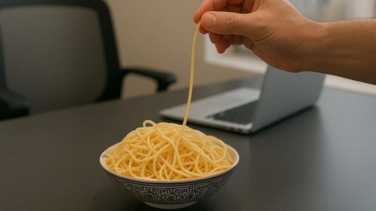 A person attempting to Untangle Spaghetti in a bowl on a desk
