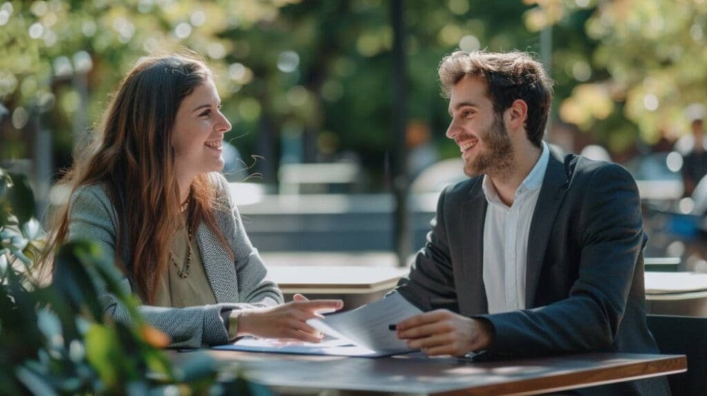 Two people sitting outside talking about role clarity and their Founder/CEO and COO relationship
