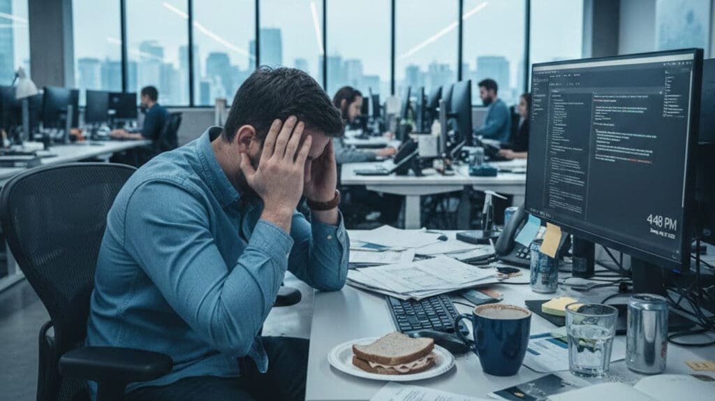 Executive Burnout - Man sitting at a computer with hands on his head, an uneaten sandwich, half drank cup of coffee, and Notion workspace open