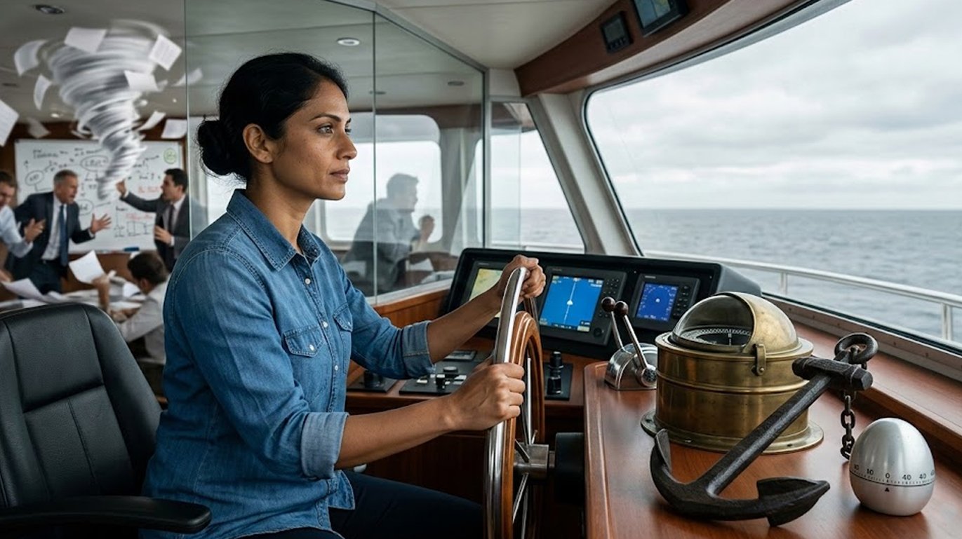 Woman (The Anchored Leader) steering a modern ship while a group of executives are struggling to stay calm in the storm of ideas and stress.
