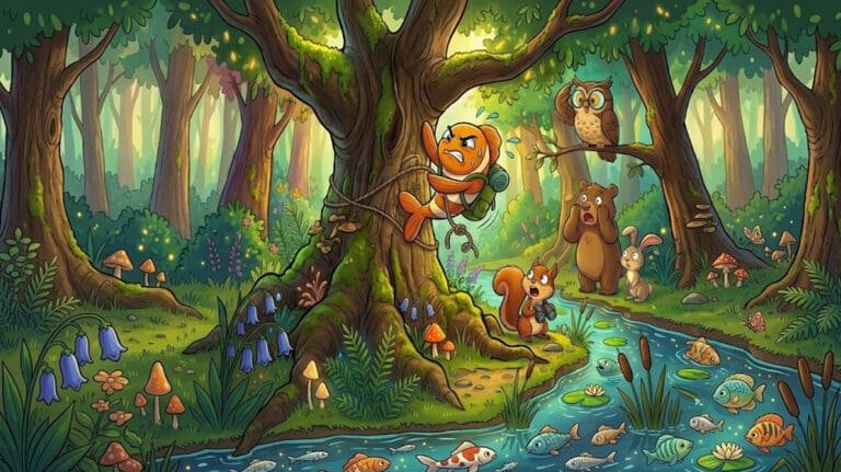 A fish trying to climb a tree with other forest animals watching - depicting the challenge of being measured by a standard that doesn't fit.