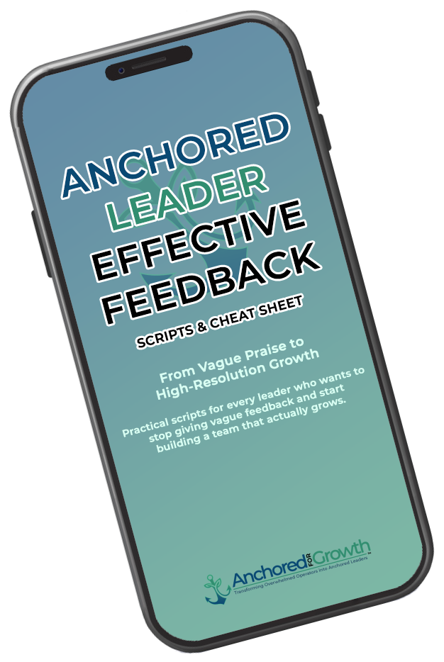 Phone with The Anchored Leader's Effective Feedback Scripts & Cheatsheet PDF on the screen