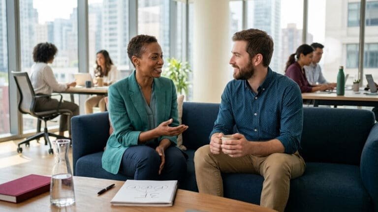 Two people sitting on a couch, having an effective performance review that is open and inviting - not causing operational strife.