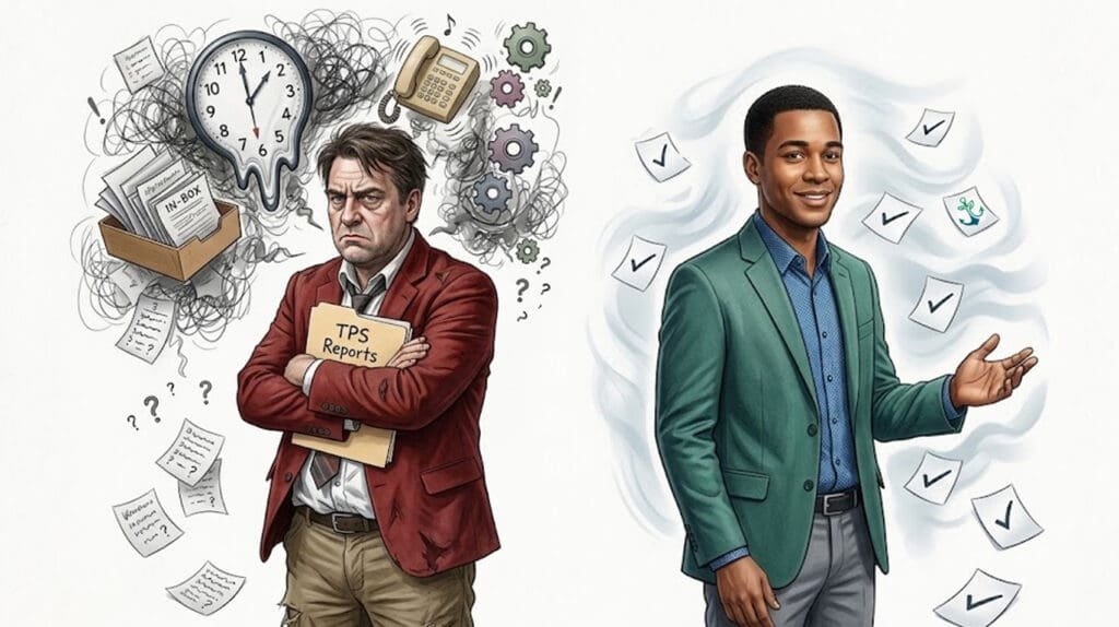 The Manager Vs. Leader - an outdated corporate myth showing the manager as the bad guy and the leader as friendly.