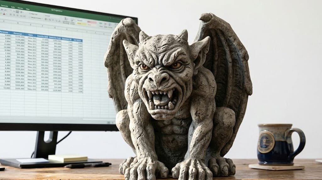 A snarling concrete gargoyle sitting on the edge of a wooden desk - an analogy of how RSD stops COOs and Operations Managers from being Anchored Leaders