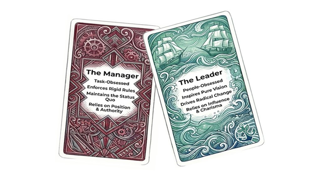 A red Manager card and a Green Leader card showing the difference in language used
