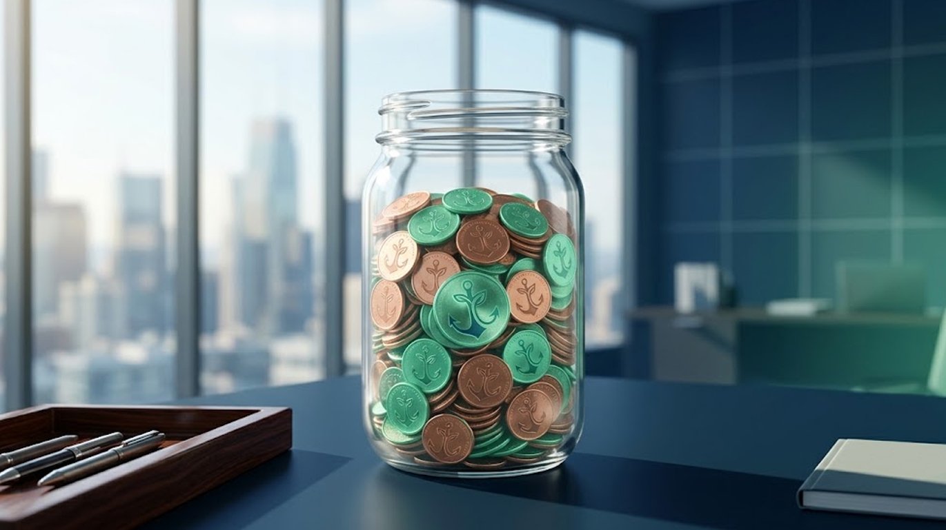A jar of coins sitting on a desk overlooking the city - representing the trust built between a operations manager and their team - penny by penny