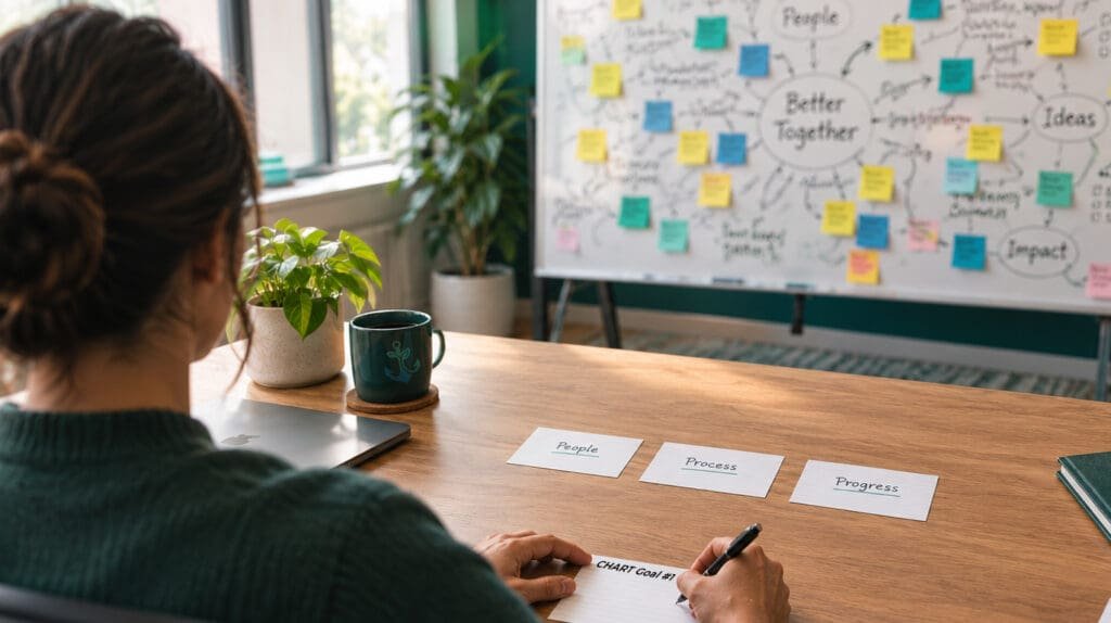 A professional COO writes three focused goals on index cards at a clean desk, contrasting with a chaotic planning whiteboard in the background — representing the CHART Goals framework for ADHD leaders as opposed to the SMART Goal concept.