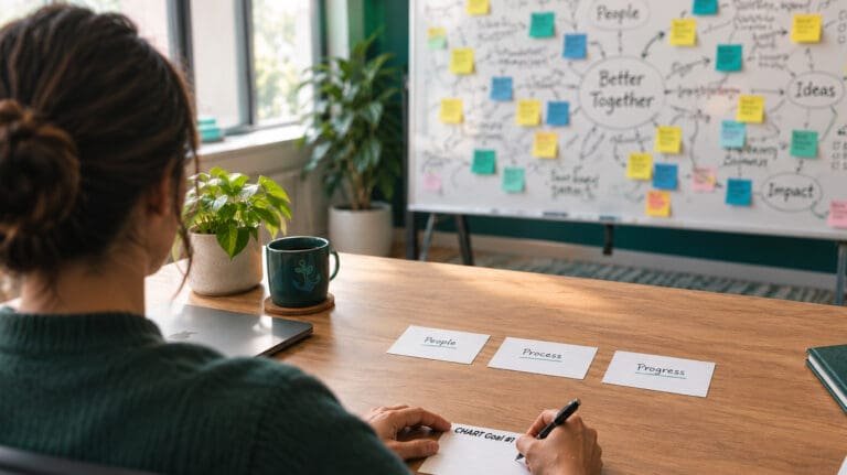 A professional COO writes three focused goals on index cards at a clean desk, contrasting with a chaotic planning whiteboard in the background — representing the CHART Goals framework for ADHD leaders as opposed to the SMART Goal concept.